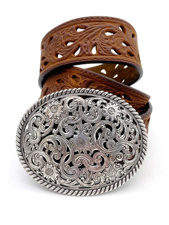 Tony Lama Accessories - Tony Lama Leather Belt Size 32 Brown Tooled Cutout Western Floral Silver Buckle